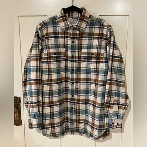L.L. Bean Chamois Shirt Traditional Fit Plaid Shirt Blue Brown Cream Size Medium